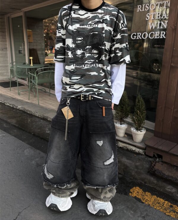 Nix | 🇰🇷 拼接迷彩破壞牛仔褲