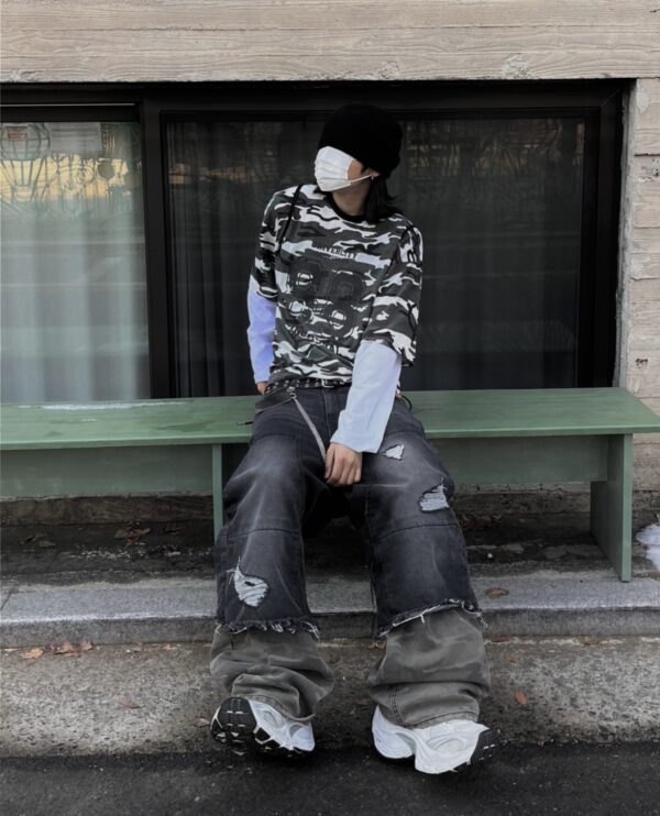 Nix | 🇰🇷 拼接迷彩破壞牛仔褲